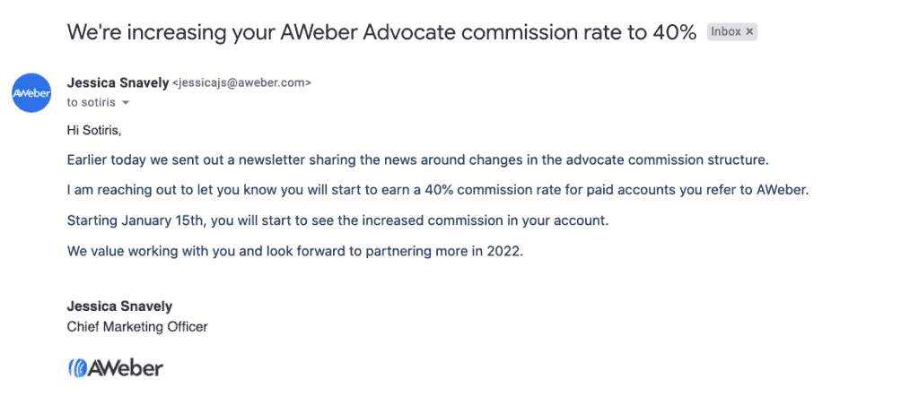 increasing your AWeber Advocate commission rate to 40%